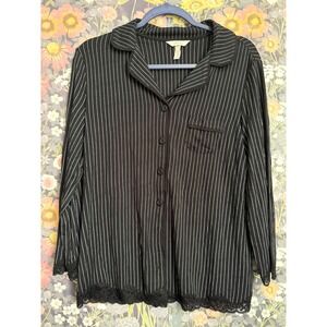 Soma Cool Nights Pajama Top Black White Pinstripe Lace Trim Medium